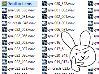 A screenshot of a folder with a file called DeadLock.bms, and many audio files for the keysounds. In the bottom right corner, is a smug thinking bunny.