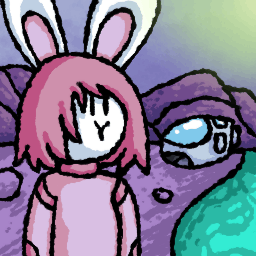 A drawing of an anthropomorphic rabbit on an alien planet, with a spaceship in the background.
