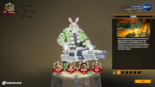 A screenshot of Deep Rock Galactic, showing the class selection screen. All dwarves are promoted to Platinum 1. The selected class is Gunner, who is wearing bunny ears.