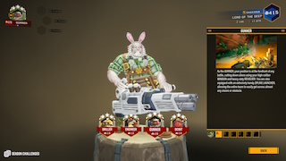 A screenshot of Deep Rock Galactic, showing the class selection screen. All dwarves are promoted to Platinum 3. The selected class is Gunner, who is wearing bunny ears and wearing lederhosen.