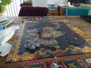 A photo of a set up game of Deep Rock Galactic - The Board Game.