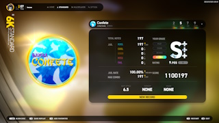 A screenshot of EZ2ON REBOOT R, showcasing a perfect score achieved on Confete's 6k NM chart in standard mode..