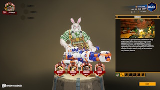 A screenshot of Deep Rock Galactic, showing the class selection screen. All dwarves are promoted to Legendary 3+1. The selected class is Gunner, who has bunny ears and is dressed in lederhosen.