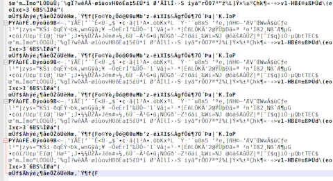 A screenshot of a corrupted HTML file. The contents are just a bunch of garbage data repeated multiple times.