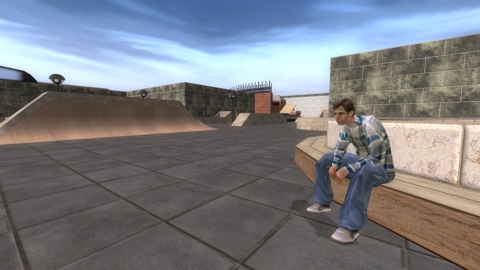 A screenshot of a custom level in reTHAWed, showcasing Rodney Mullen from Tony Hawk's Pro Skater 2 sitting on a bench inside of what looks like a skatepark.