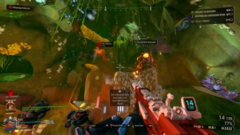 Screenshot of Deep Rock Galactic, showing a Glyphid Bulk Detonator roaming the caves.