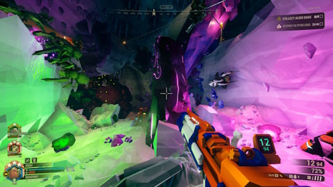 Screenshot of Deep Rock Galactic showing a Core Stone, a Jadiz and a Bittergem. Also, there's a swarm of enemies.