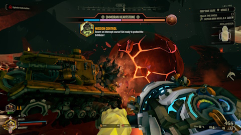 Screenshot of Deep Rock Galactic, showing a Drilldozer drilling into an Ommoran Heartstone