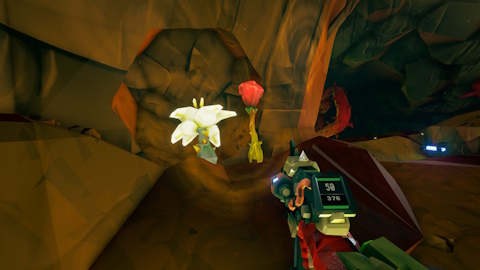 Screenshot of Deep Rock Galactic, showing an Apoca Bloom and a Barley Bulb next to each other.