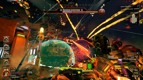 Screenshot of Deep Rock Galactic showing an Escort Duty mission being played with mods that increase the amount of players, enemies, and the difficulty of the mission.