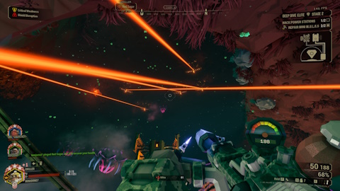 Screenshot of Deep Rock Galactic, showing the player getting targetted by 5 Sniper Turrets at once.