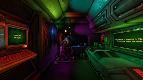 Screenshot of Deep Rock Galactic, taken inside one of the player's cabins on the Space Rig. There's a dwarf with bunny ears balancing a colorful ball on its head.