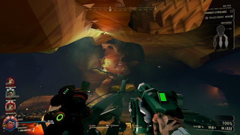 Screenshot of Deep Rock Galactic showcasing a large gave in the Sandblasted Corridors biome.