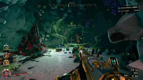 Screenshot of Deep Rock Galactic showcasing a cave with a Trililyte Deposit and a Glyphid Brood Nexus.